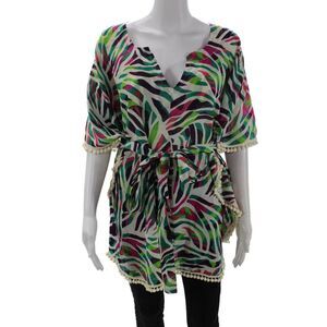 Si Belle Womens Printed Pom-pom Detail Poncho Blouse Top Green Size L